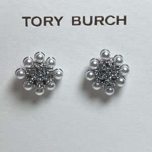 Tory Burch Silver and Pearl Floral Stud Earrings